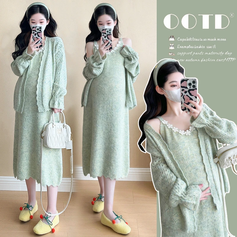 孕妇装套装2025秋冬新款韩版时尚洋气小清新甜美减龄连衣裙两件套