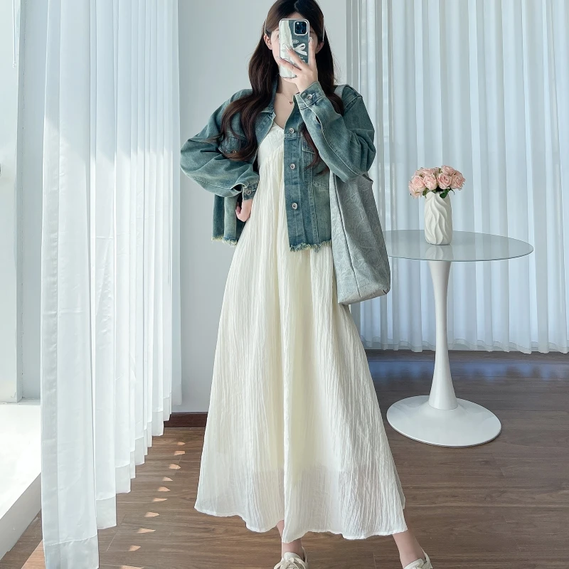 孕妇连衣裙秋装时尚洋气中长款雪纺吊带裙秋季外穿牛仔外套孕妇装