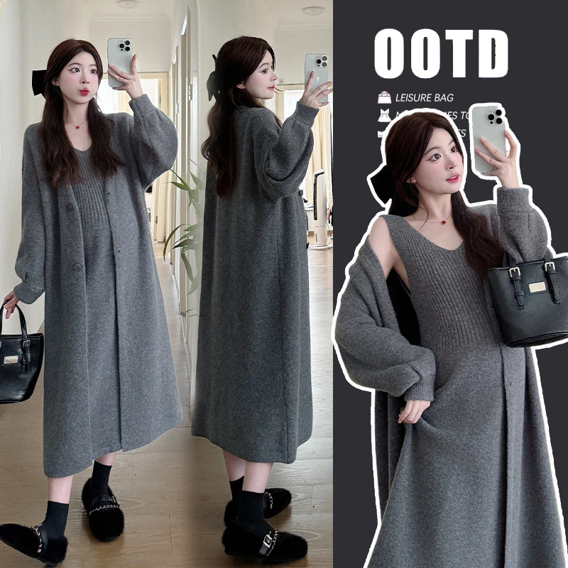孕妇装秋冬装2025新款套装慵懒风毛衣外套秋季两件套针织连衣裙子