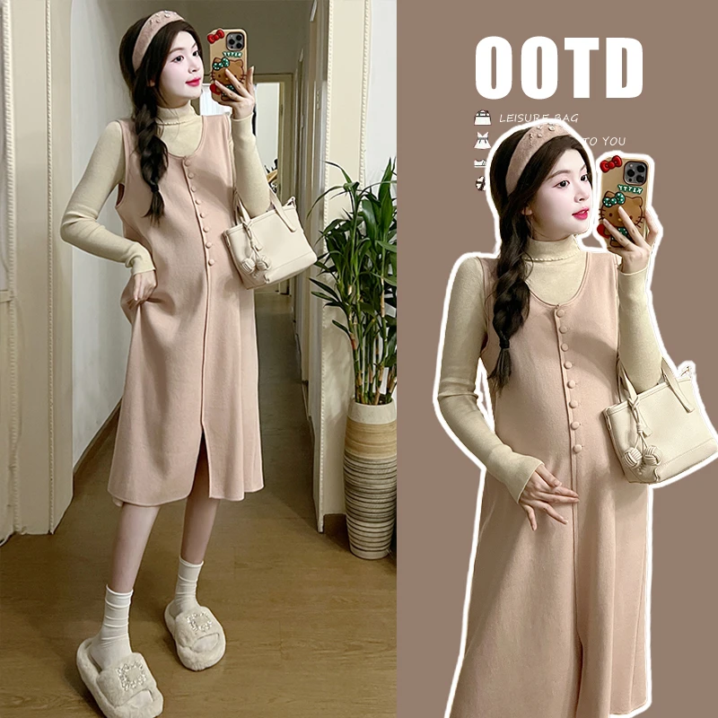 孕妇连衣裙套装时尚宽松百搭加厚吊带裙+高领打底衫秋冬装两件套