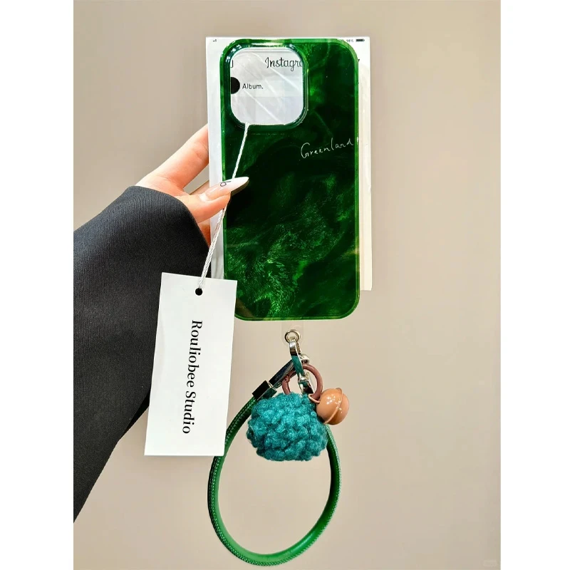 水墨暗绿色适用苹果16漩涡手机壳华为vivo小米oppo挂绳