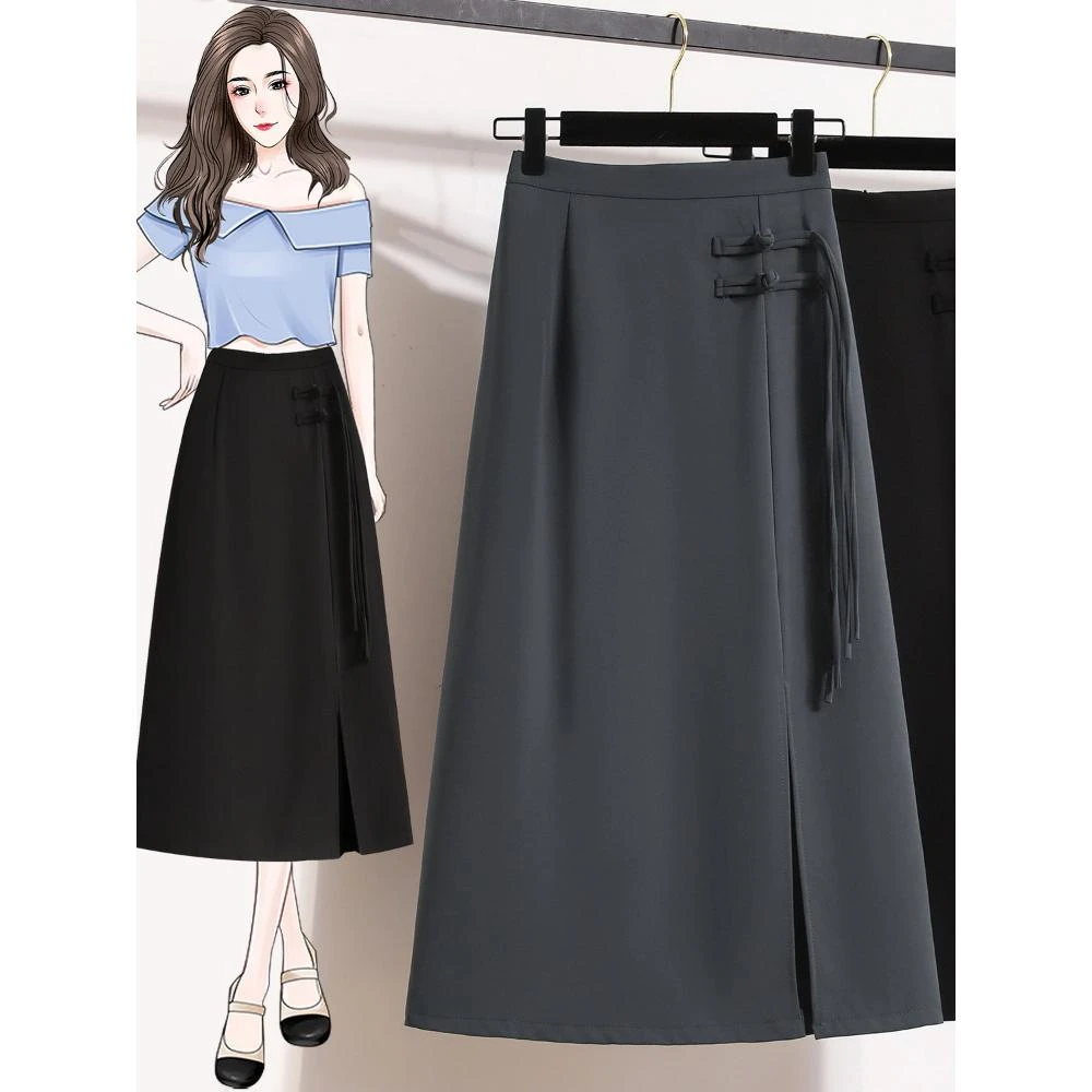 大码新中式国风盘扣改良半身裙女夏季胖mm高腰灰色西装a字包臀裙