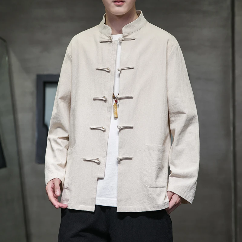 中国风男装新中式棉麻衬衫大码男士春秋长袖休闲宽松立领衬衫百搭