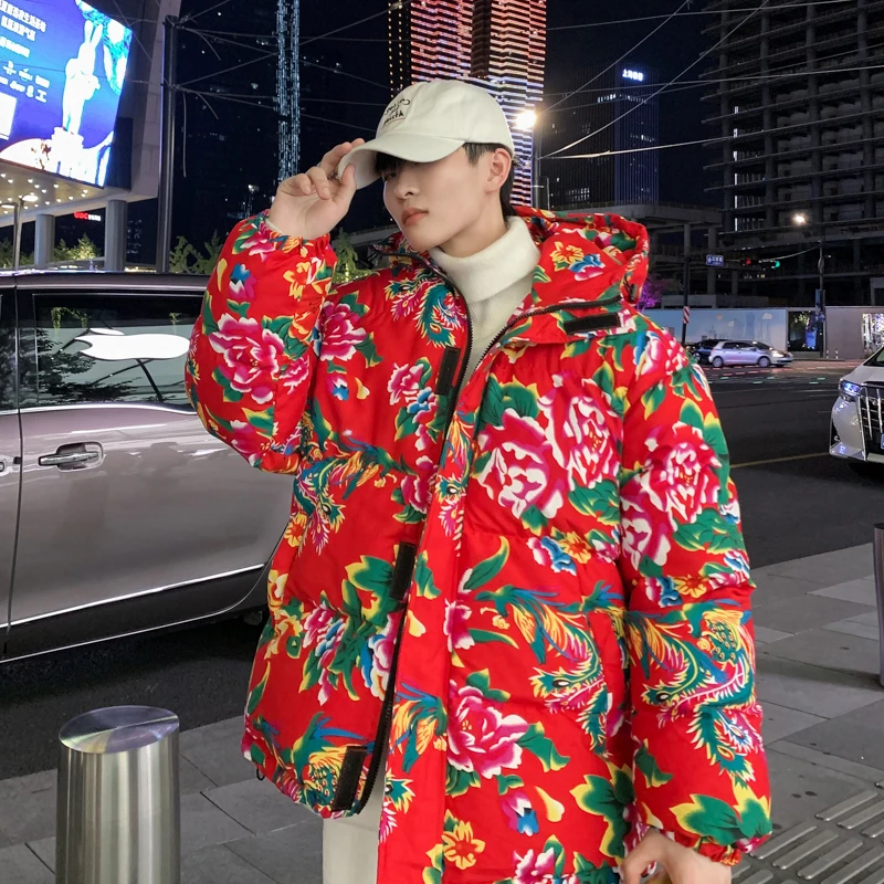 东北大花连帽加厚保暖防寒棉衣男网红情侣红色印花棉衣宽松民族风