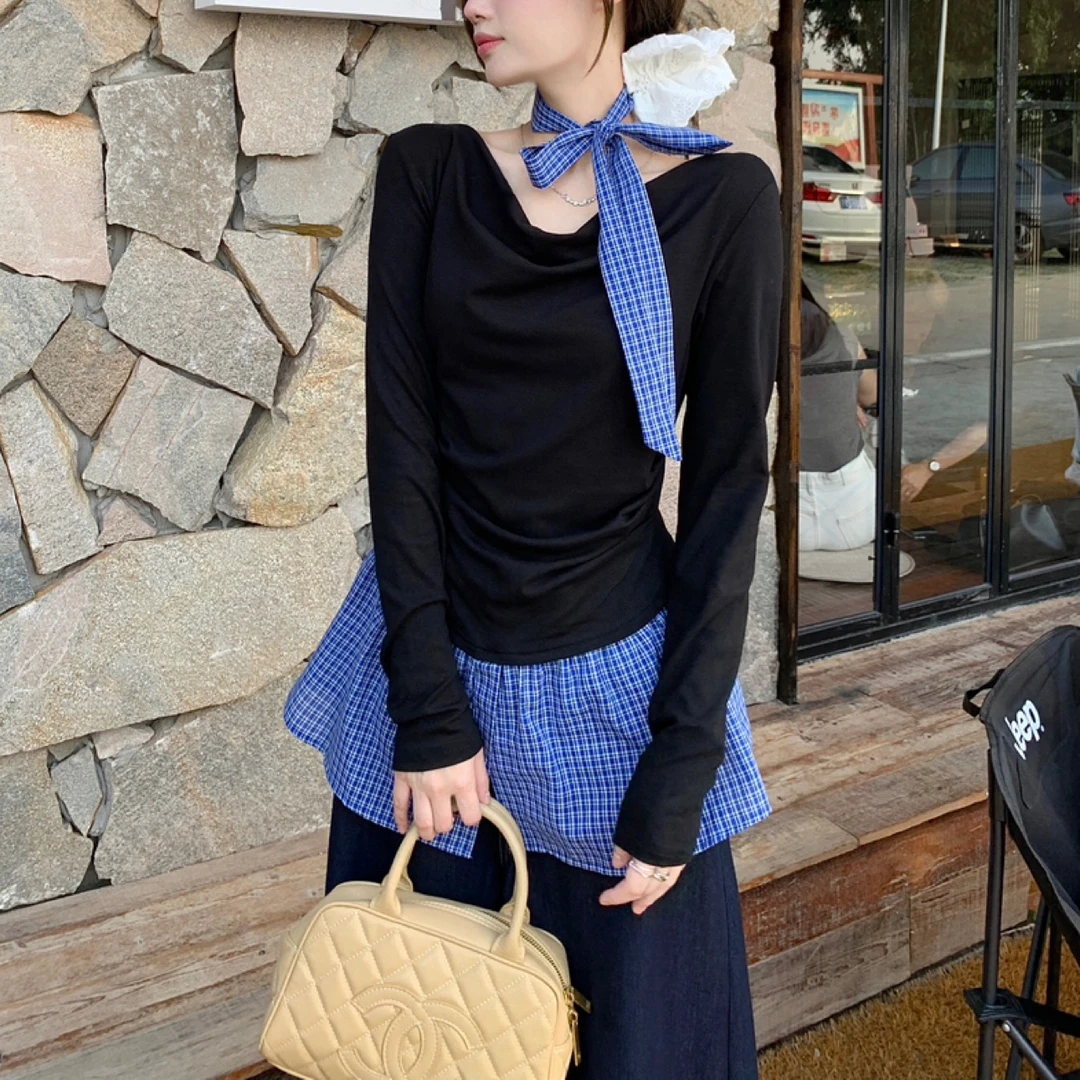 时尚百搭打底衫秋冬季荡领慵懒宽松长袖假两件上衣+飘带