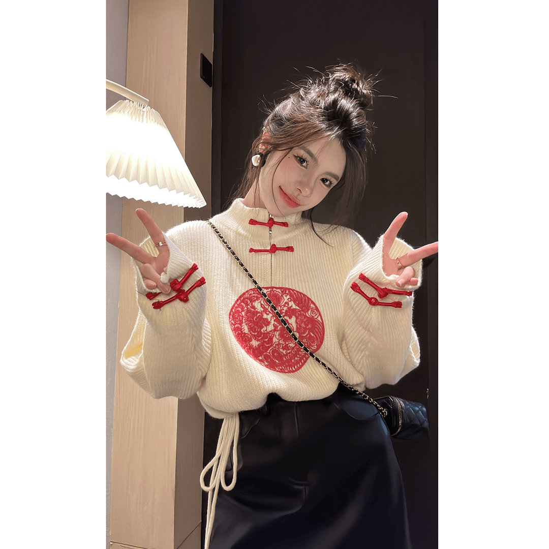 【龙凤呈祥】新中式毛衣春季复古中国风短款针织上衣设计Y012