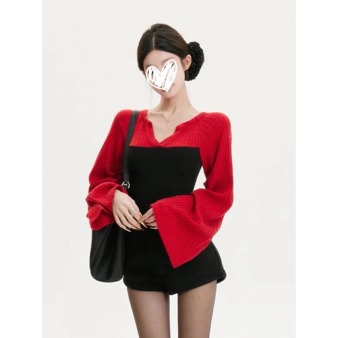 设计感迷人直角肩海妖风撞色温柔针织打底上衣T恤+短裤