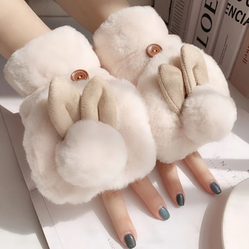 手套女冬天韩版百搭ins可爱少女学生萌兔子翻盖露指毛绒加绒保暖