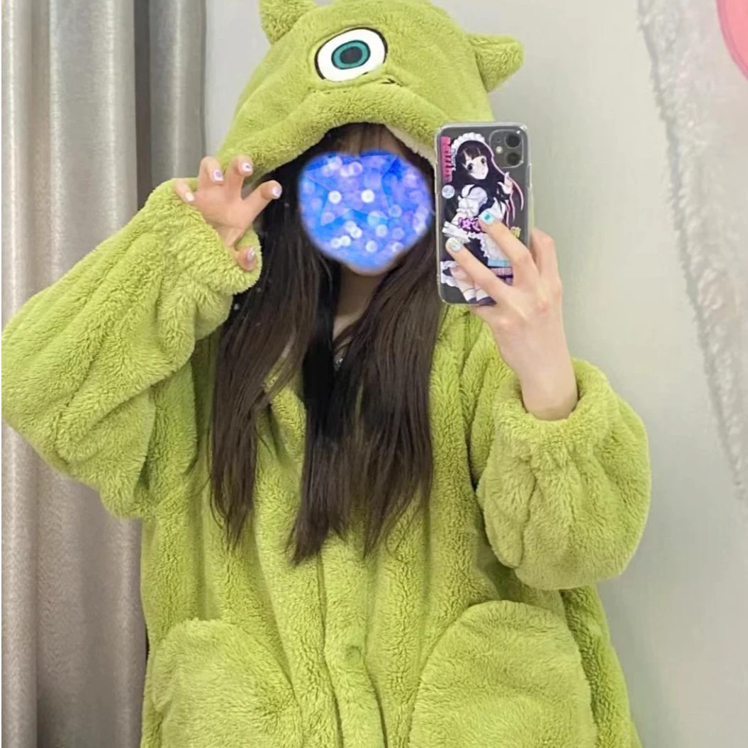 大眼仔加厚加绒珊瑚绒长款睡裙睡袍女卡通冬季保暖长袖睡衣家居服