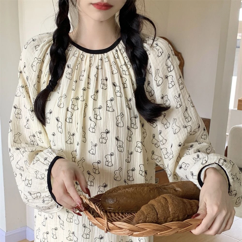 卡通兔子长袖睡衣女款爆款2024新款春秋季网红显瘦长款睡裙家居服