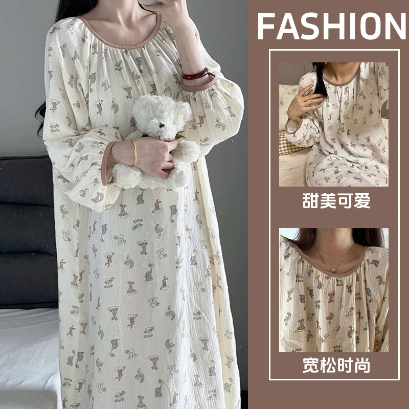 春秋长袖睡衣女款爆款2024新款休闲宽松卡通兔子中长款睡裙可外穿