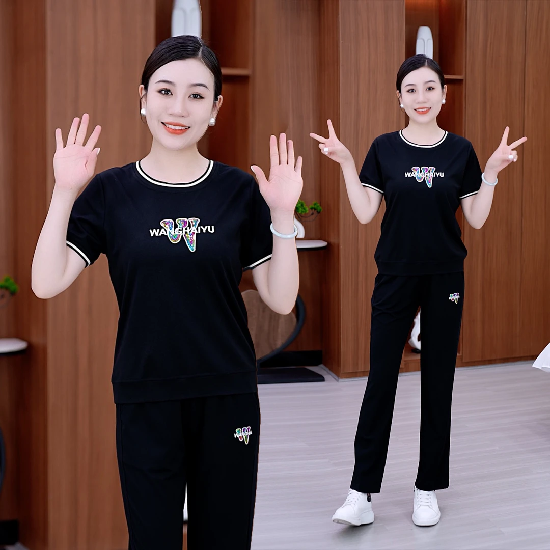 断码清】夏季女士套装休闲运动跑步妈妈装洋气减龄显瘦短袖两件套