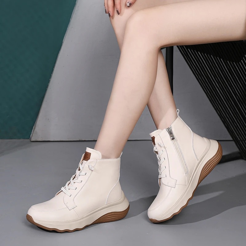 4CM圆头宽楦真皮软厚底系带短靴女百搭舒适好穿不累脚马丁靴耐磨