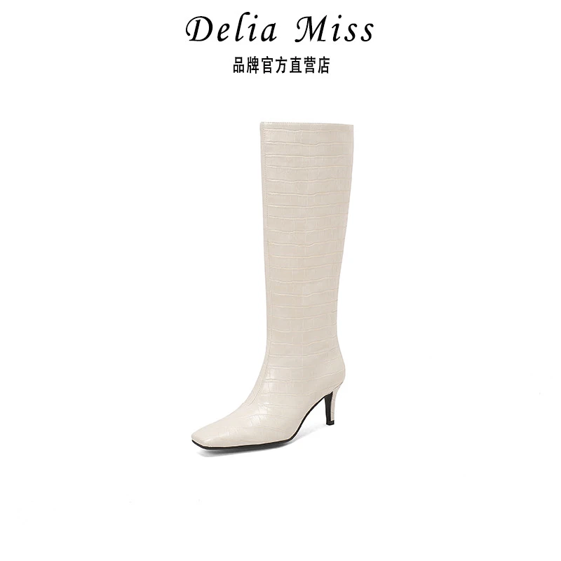 DeliaMiss 新款优雅时尚鳄鱼纹时装靴细跟纯色牛皮方头长筒靴女靴