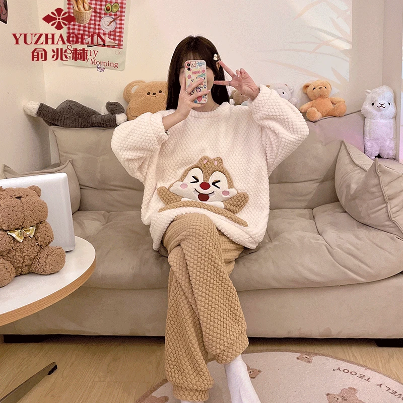 YUZHAOLIN/俞兆林秋冬款女士睡衣保暖珊瑚绒加绒加厚学生圆领套装