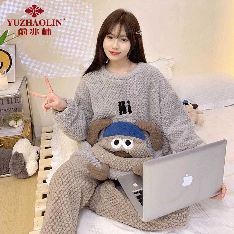 YUZHAOLIN/俞兆林学生睡衣秋冬季保暖珊瑚绒加绒加厚女家居服套装