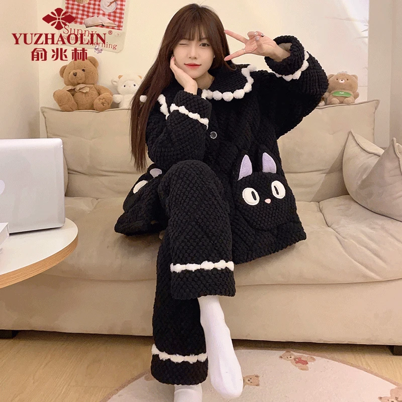 YUZHAOLIN/俞兆林睡衣女冬款保暖珊瑚绒三层夹棉袄甜美加厚家居服