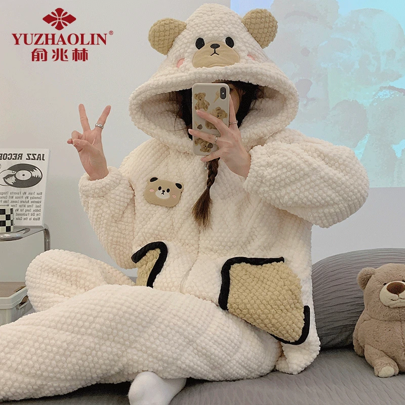 YUZHAOLIN/俞兆林学生冬季保暖睡衣女士三层夹棉袄加厚连帽家居服