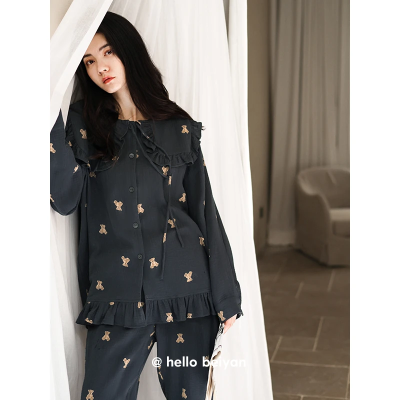 贝妍卡通小熊莫代尔棉睡衣女春秋高级感长袖家居服可外穿大码套装