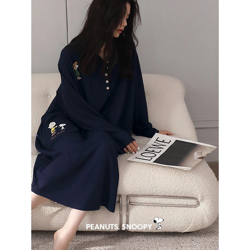 贝妍史努比睡裙女士春秋睡衣可爱少女洋气外出家居服中长款连衣裙