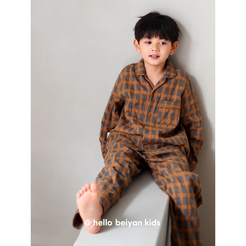 贝妍春秋柔软棉儿童睡衣长袖宝宝格子简约中大童外出家居服套装