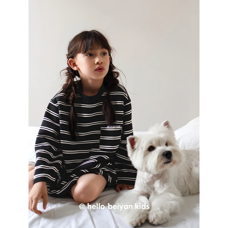贝妍秋季柔软棉儿童睡裙条纹洋气可外穿女童睡衣长袖女宝宝连衣裙
