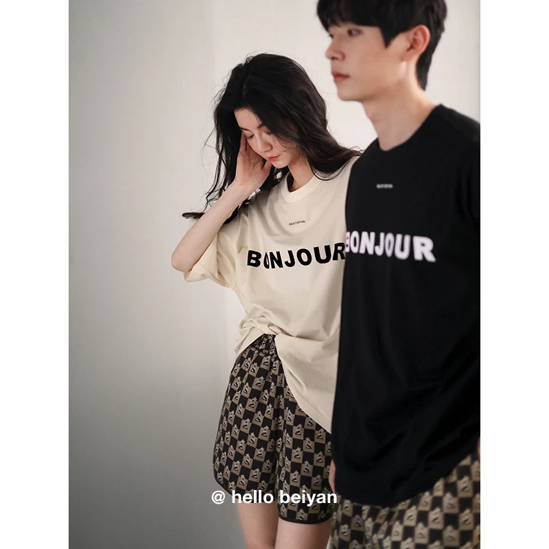 贝妍简约情侣纯棉睡衣夏季时尚百搭字母套装宽松可外穿薄款家居服