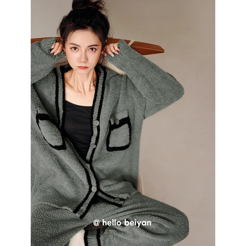 贝妍秋冬季珊瑚绒睡衣女复古灰绿色开衫保暖半边绒家居服宽松套装