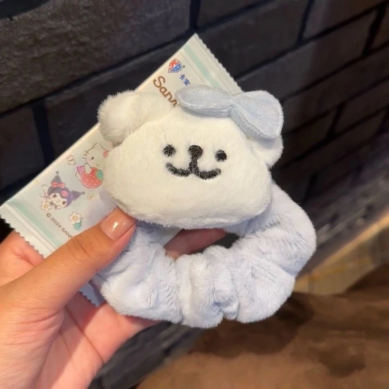 线条小狗蓝色蝴蝶结秋冬毛绒大肠发圈日韩少女扎头皮筋马尾发绳~