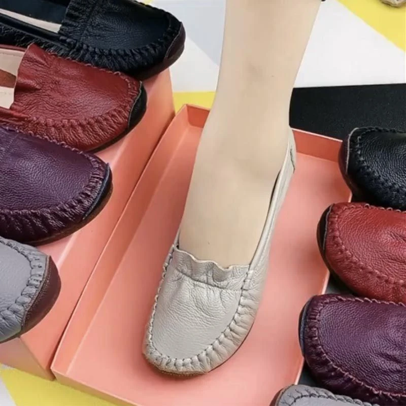 简约洋气纯软皮浅口女单鞋春秋款圆头牛筋软底手工缝线百搭妈妈鞋