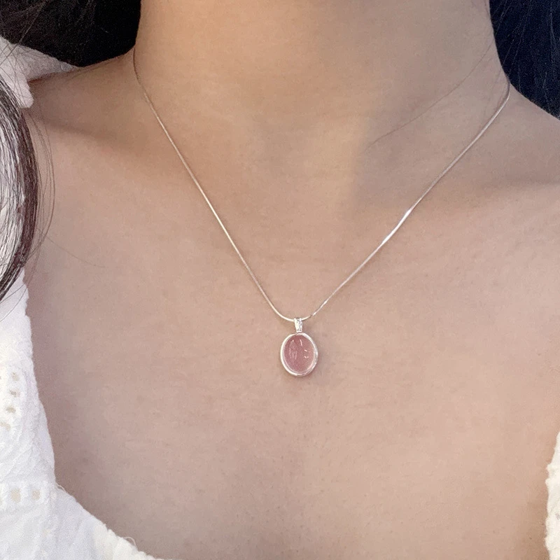 明瑜S925纯银樱花粉项链女甜美温柔小众椭圆吊坠蛇骨链女生礼物
