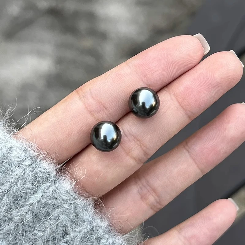 925银耳饰 明瑜 大溪色黑珠正圆珠珠耳钉复古耳环气质高级
