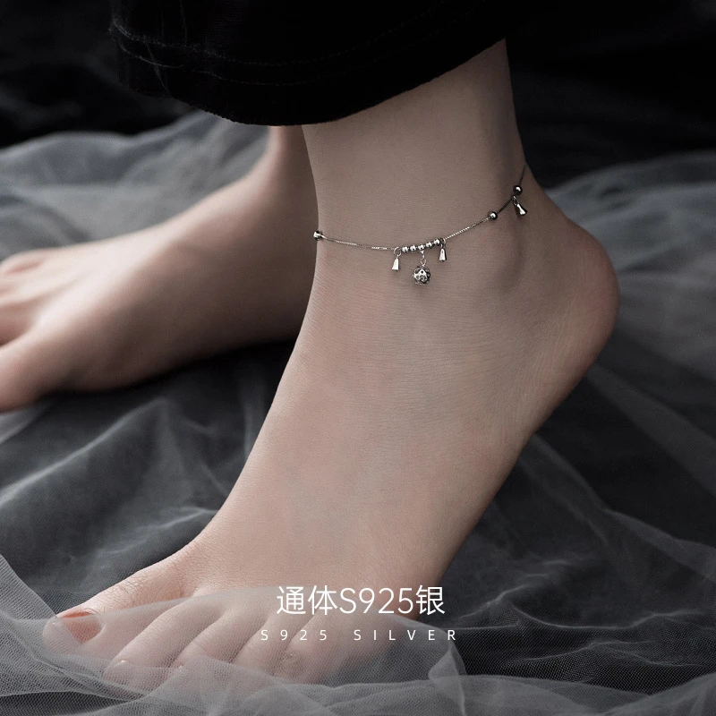 925银脚链 明瑜 925银镂空银珠脚链女简约新中式银脚链