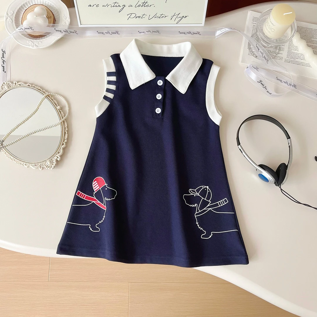 2024童装夏季新款韩版女童无袖印花POLO童裙女孩衬衫领连衣裙洋气