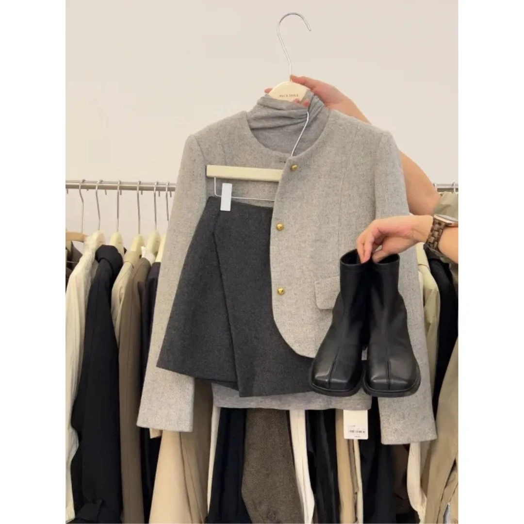 时尚穿搭一整套秋冬2025新款修身打底气质开衫上衣高腰短裙三件套