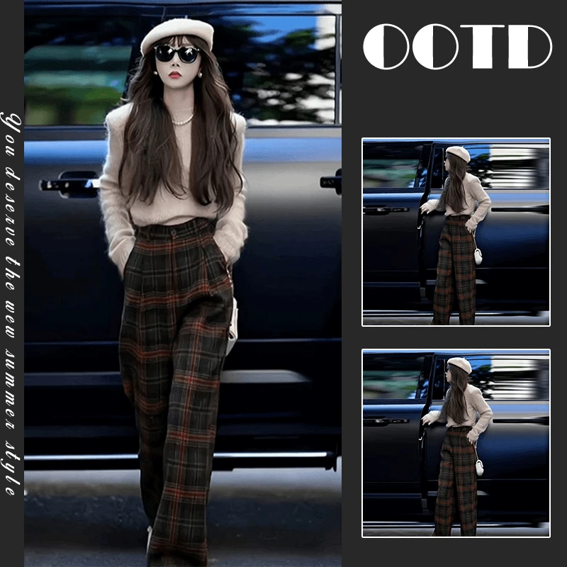 秋冬季搭配一整套女2025新款遮肉显瘦时尚针织上衣格纹裤子两件套