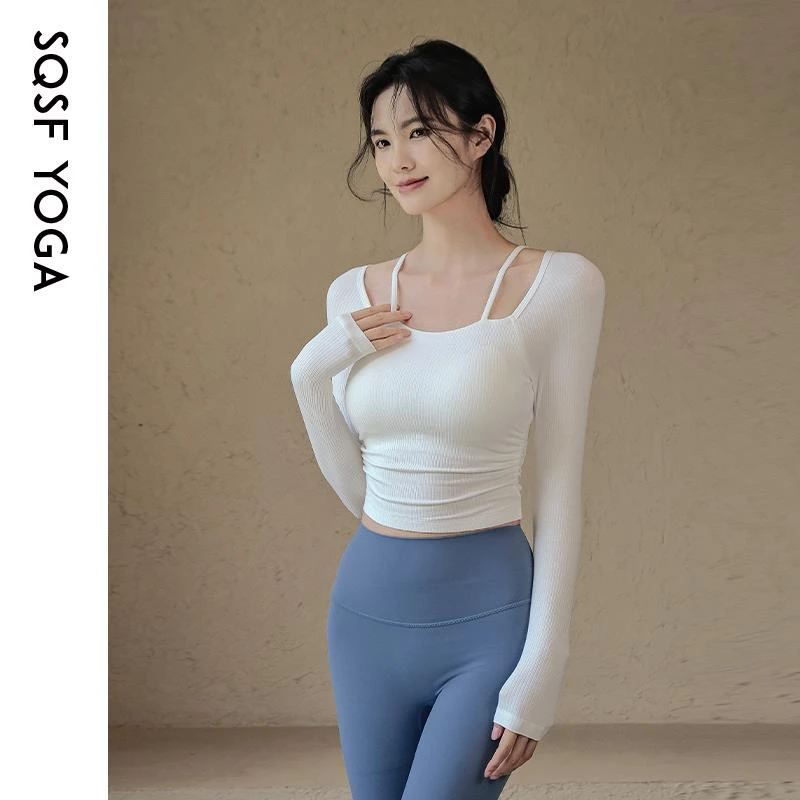 带胸垫瑜伽服女秋冬紧身显瘦细肩带运动长袖高级感速干健身衣