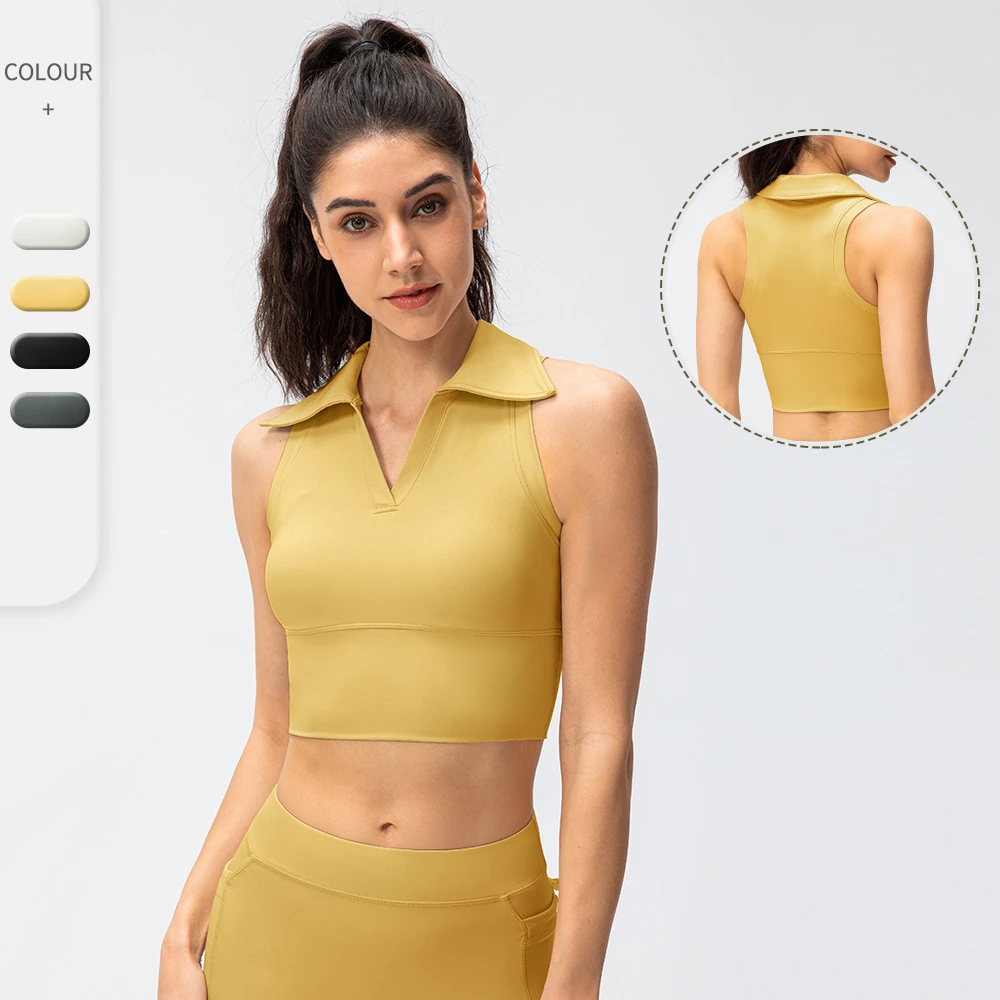 春夏新款女翻领紧身瑜伽背心裸感高腰健身跑步运动背心上衣