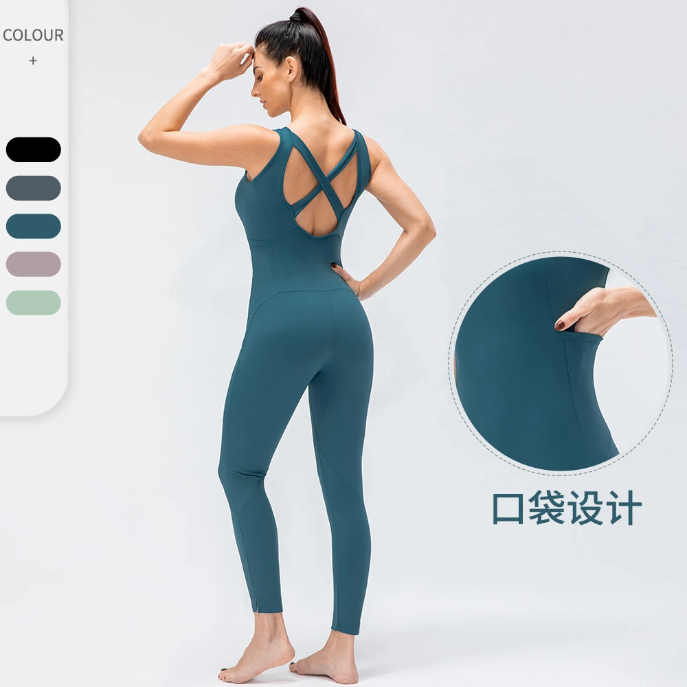 2023新款女连体瑜伽服性感露背一体式运动紧身衣欧美健身连体裤