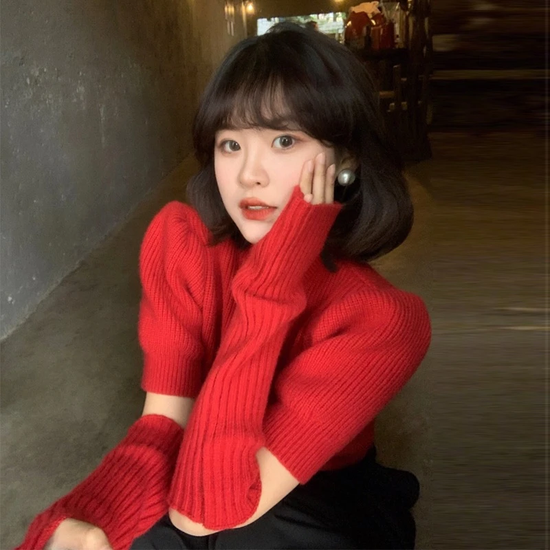 慵懒风红色毛衣女秋冬新款港味chic泡泡袖纯欲辣妹短款针织衫上衣