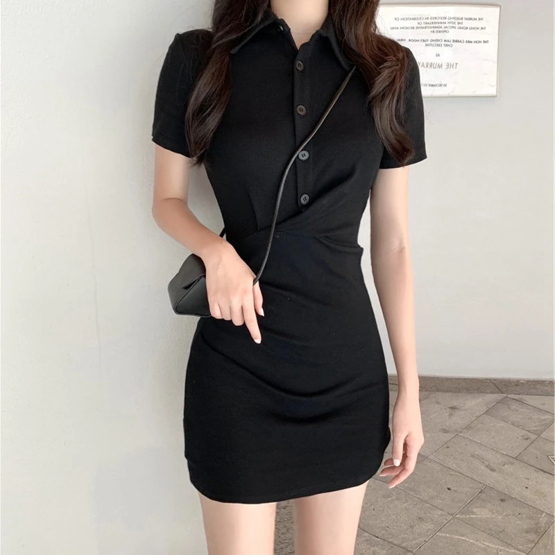 甜辣纯欲韩版包臀polo性感修身紧身连衣裙夏季辣妹女装黑色T恤裙