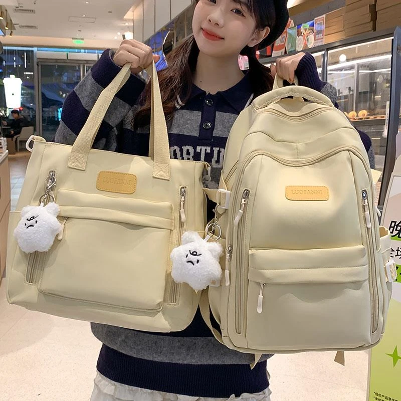 两件套书包女初中生高中学生简约纯色双肩包轻便大容量大学生背包