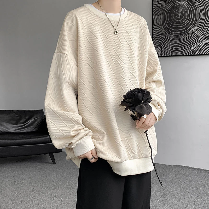 肌理感长袖T恤男秋冬款潮牌宽松圆领卫衣男士休闲美式套头 打底衫