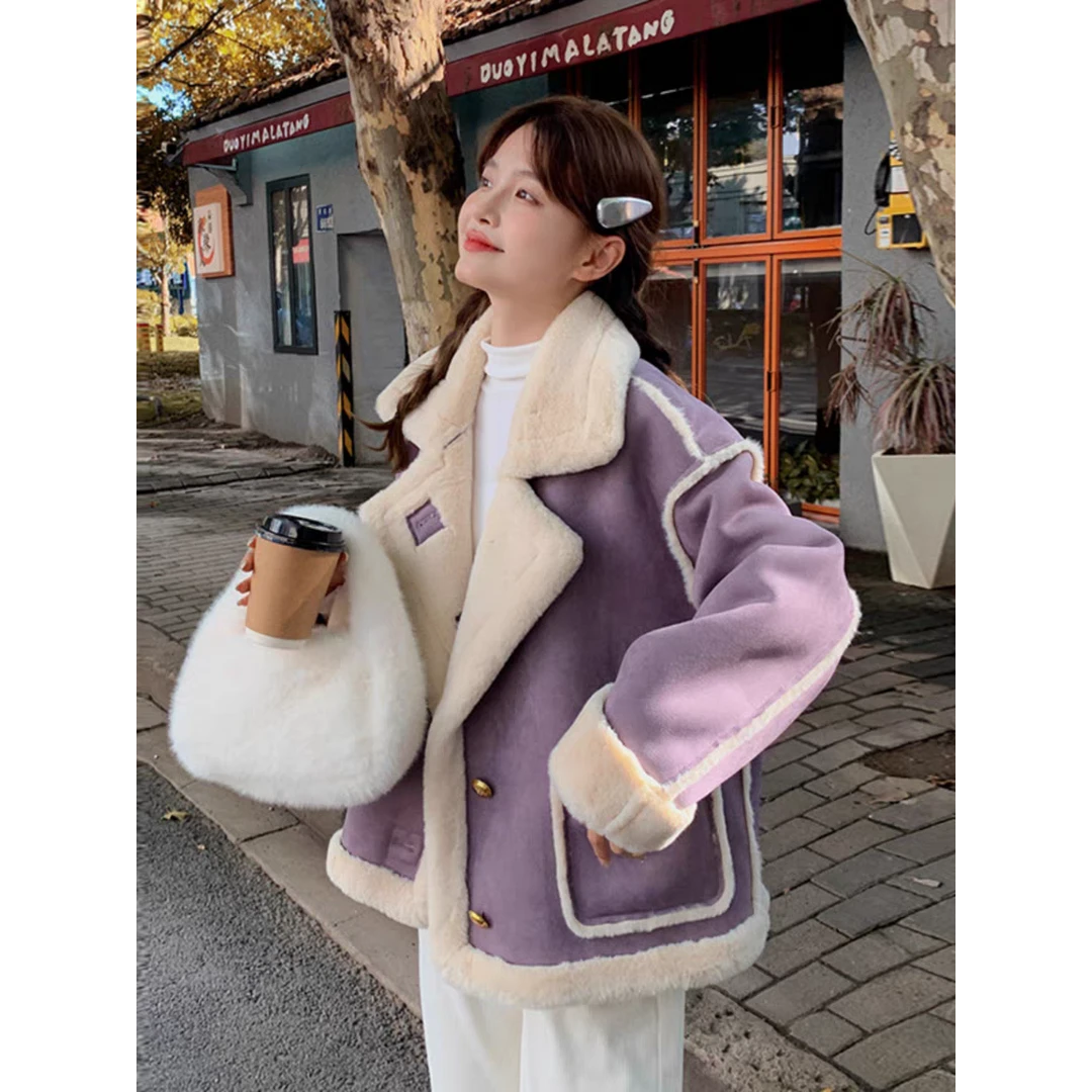 2024冬季新品时尚宽松加厚韩版皮毛一体短外套-75526