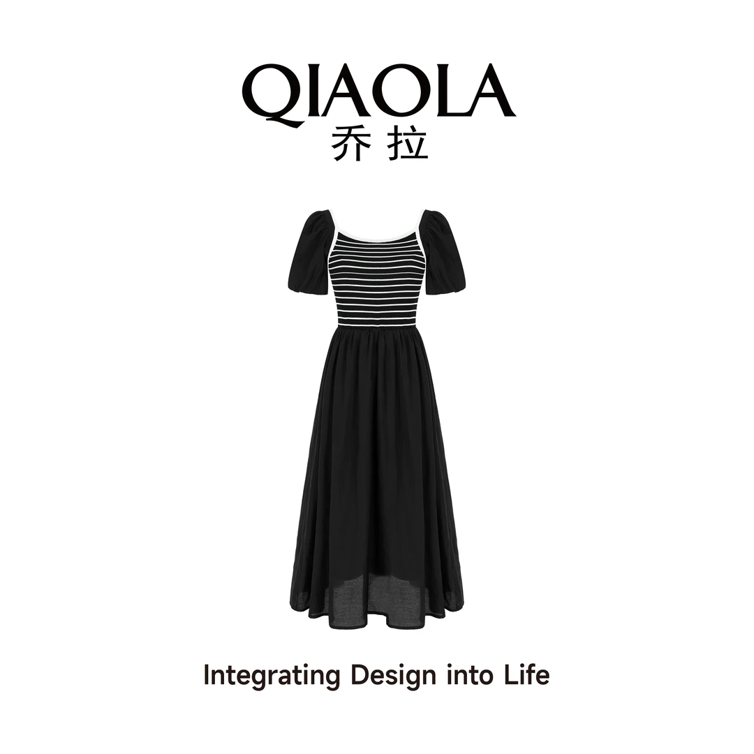 QIAOLA/乔拉【浮梦之约】夏季梭织条纹方领压褶A版中式裙子预售