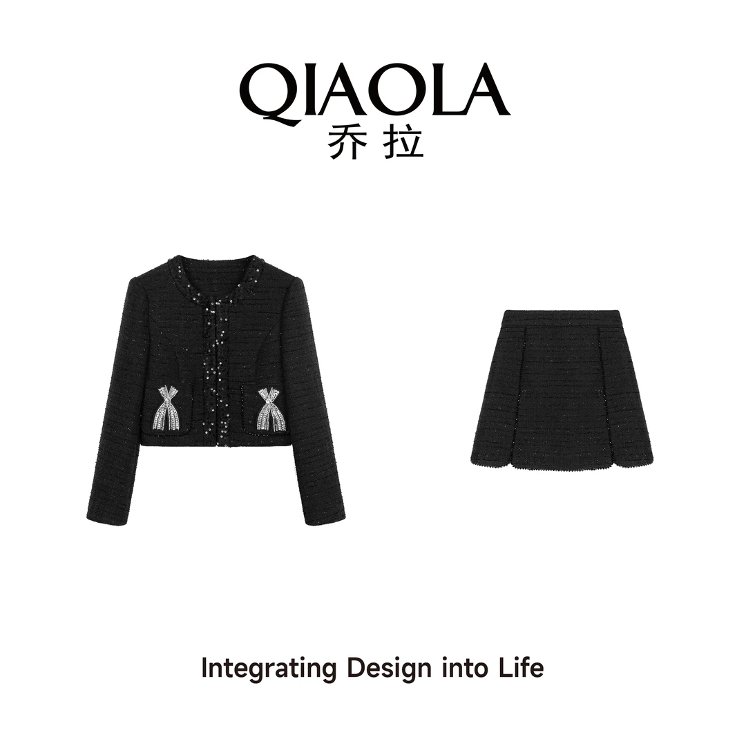 QIAOLA/乔拉【星光夜曲】秋冬季小香风编织亮片蝴蝶结时尚套装预售