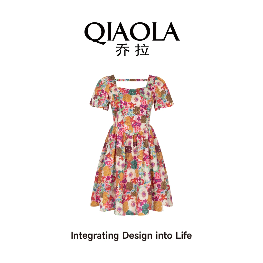 QIAOLA/乔拉【花海寄信】气质夏季棉布碎花桃心领A版减龄裙子预售