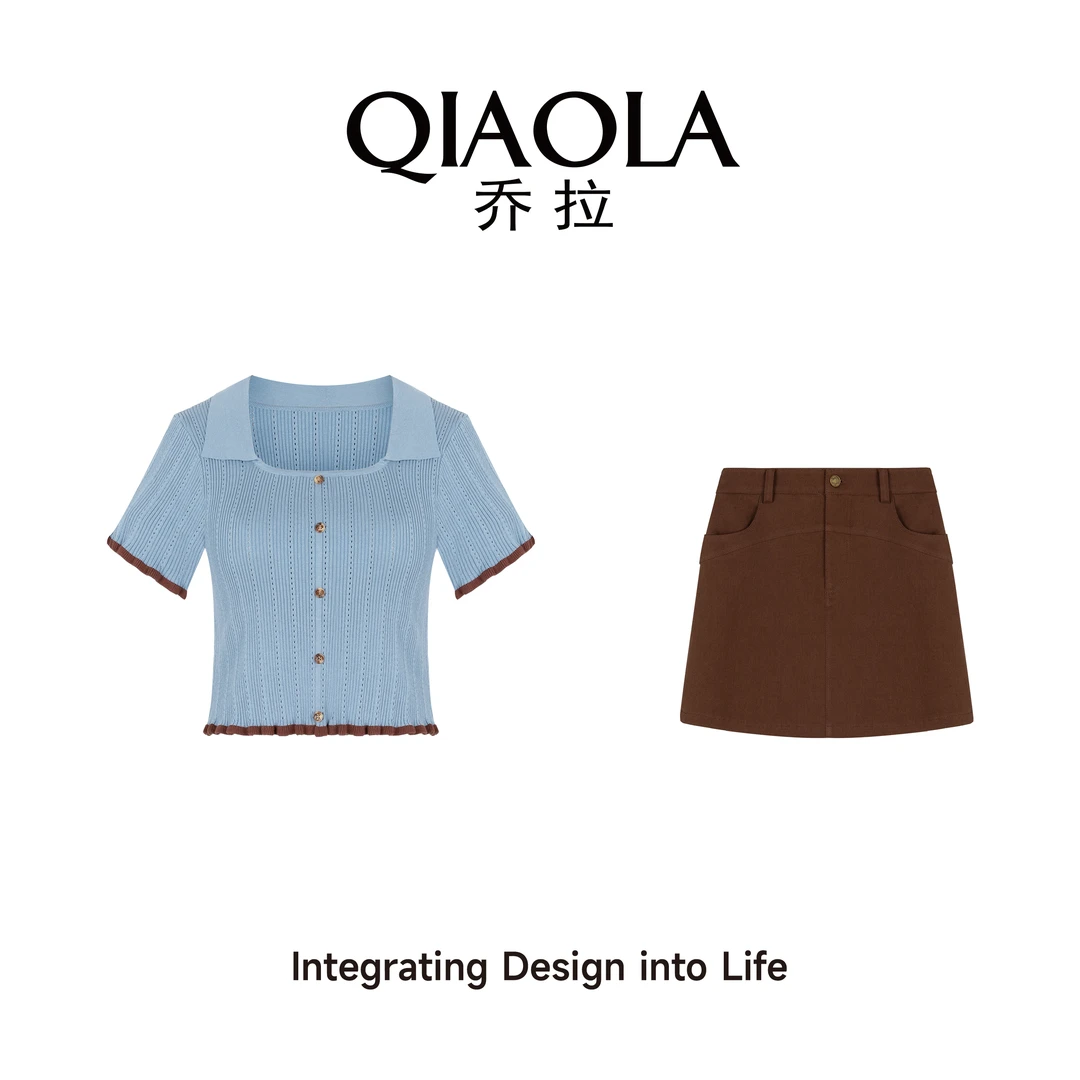 QIAOLA/乔拉【伯爵盐海】夏季镂空冰爽纱翻领A版百搭减龄时尚套装