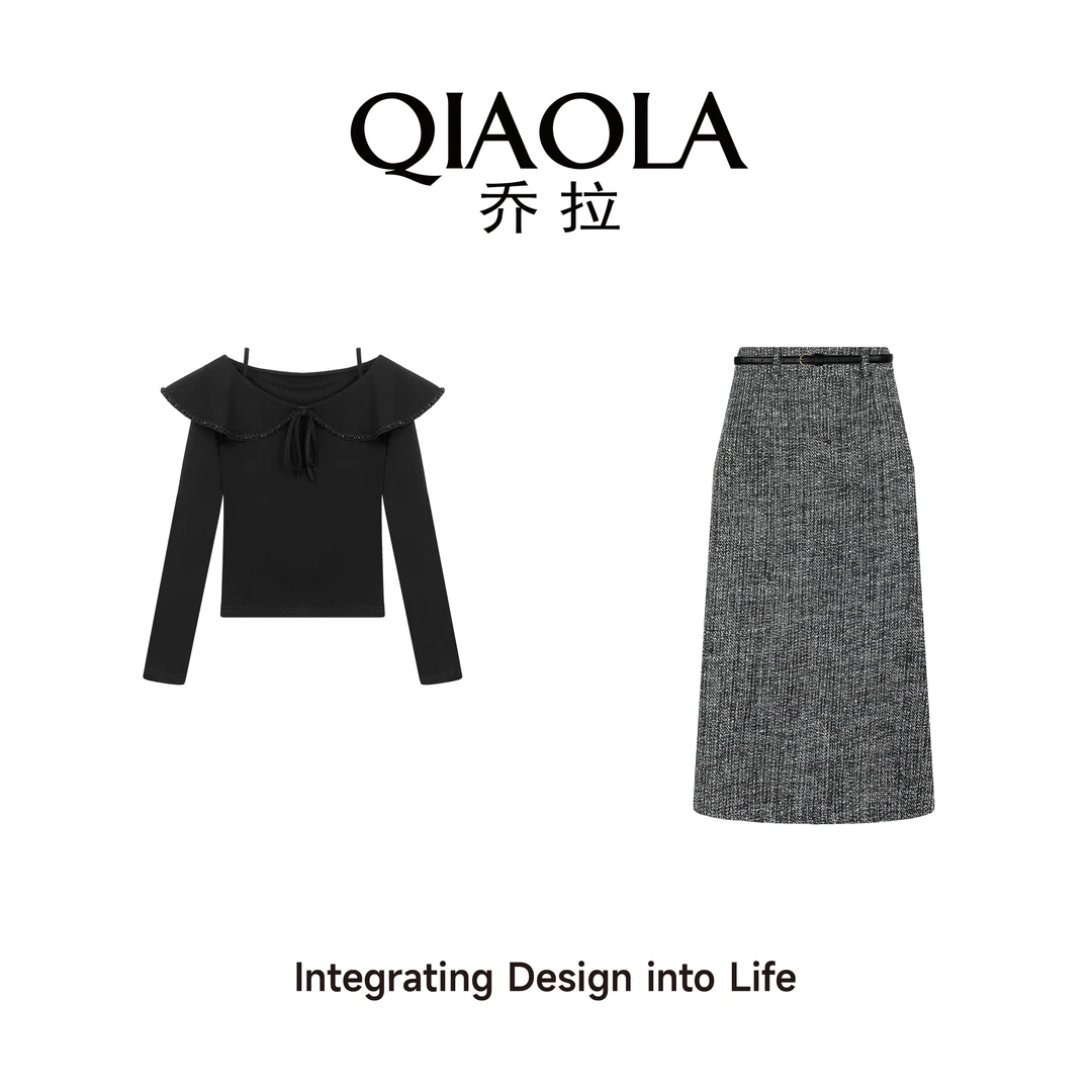 QIAOLA/乔拉【舞影流光】秋季小香风针织黑曜石小飞袖时尚套装预售