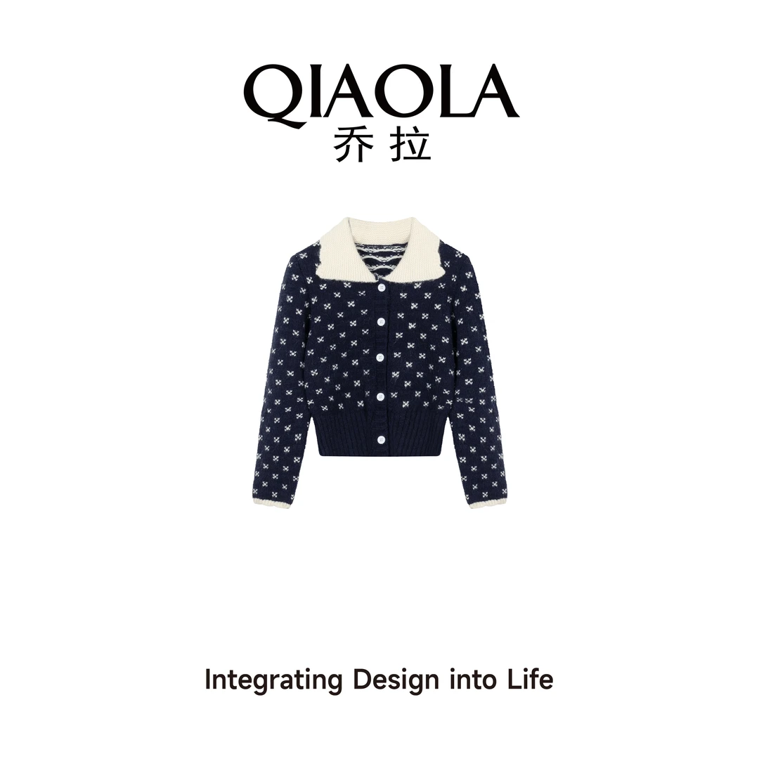 QIAOLA/乔拉【雨中起舞】秋冬季北极绒撞色翻领十字纹百搭毛衣预售